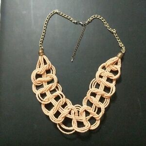 Gold Tone Peachy Pink Braided Seed Bead Statement Necklace
